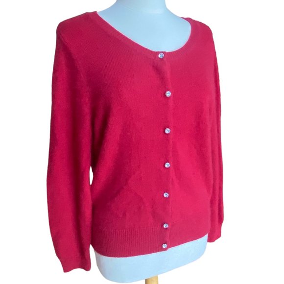 Angora Blend Old Money Cardigan Red Gem Buttons Heritage Quiet Luxury Holiday-XL - Picture 1 of 13